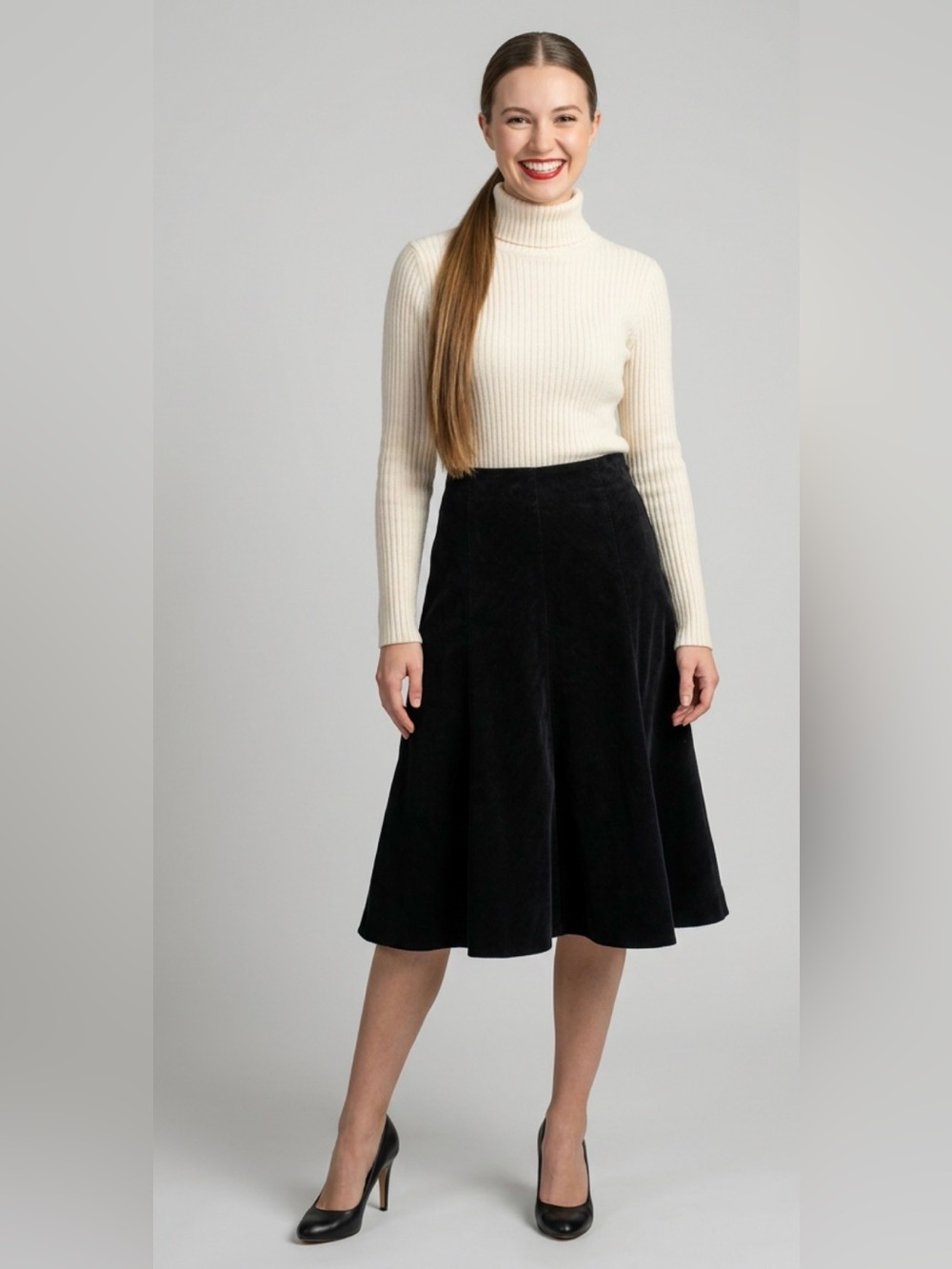 Vintage Jones New York Signature Corduroy Black A-Line Midi Skirt Size 6